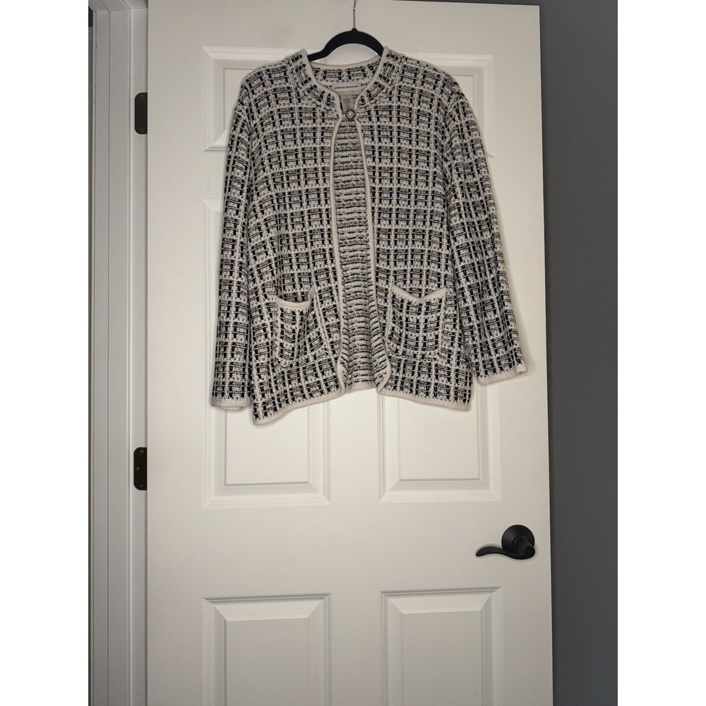 Alfred Dunner Cardigan Sweater Woven Knit 1x Black White